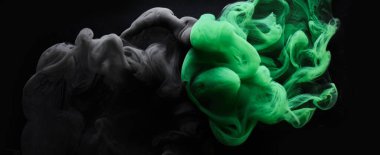 Siyah yeşil duman soyut arka plan, su altında akrilik boya patlama, dönen mürekkep