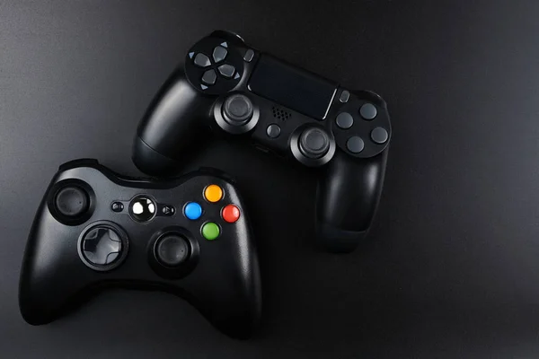 Two Video Game Controllers Joysticks Game Console Isolated Black Background — Stock Photo, Image