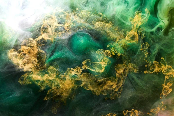 Golden Sparkling Abstract Background Luxury Green Smoke Acrylic Paint Underwater — Stock Photo, Image