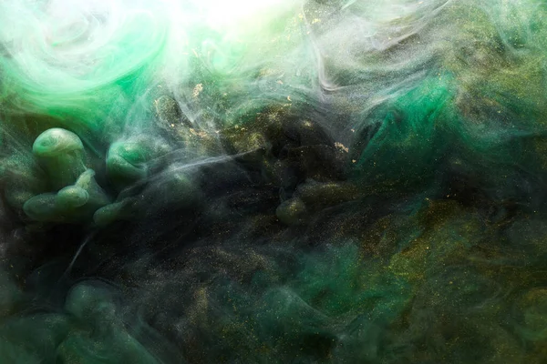 Złoty Błyszczący Abstrakcyjny Tło Luksusowy Zielony Dym Farba Akrylowa Podwodna — Zdjęcie stockowe