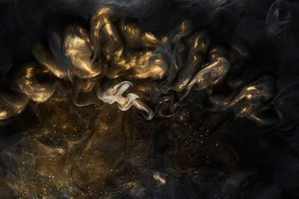 Gouden Sprankelende Abstracte Achtergrond Luxe Zwarte Rook Acrylverf Onderwater Explosie — Stockfoto