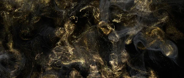 Gyllene Gnistrande Abstrakt Bakgrund Lyx Svart Rök Akrylfärg Undervattensexplosion Kosmisk — Stockfoto