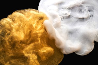 Altın parıldayan soyut arka plan, lüks beyaz duman, su altında akrilik boya patlama, kozmik girdap mürekkebi