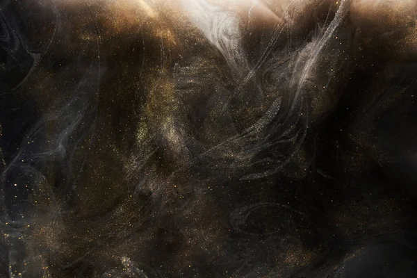 Gyllene Gnistrande Abstrakt Bakgrund Lyx Svart Rök Akrylfärg Undervattensexplosion Kosmisk — Stockfoto