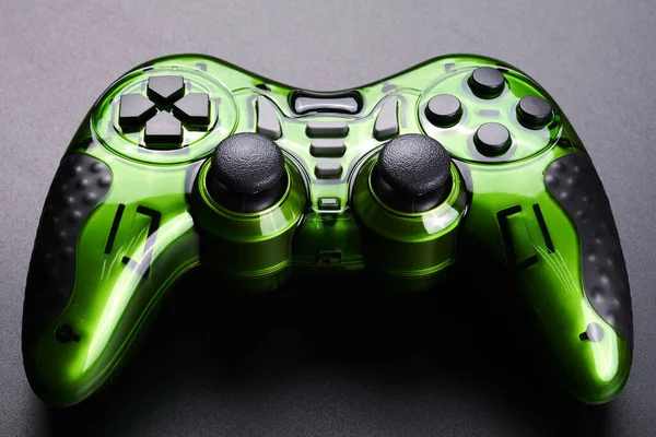 Green Video Game Controller Joystick Game Console Isolated Black Background — Stock Photo, Image