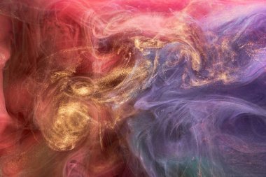 Çok renkli, ışıl ışıl, soyut arka plan, lüks, koyu altın dumanı, su altında akrilik boya patlaması, kozmik dönen mürekkep.