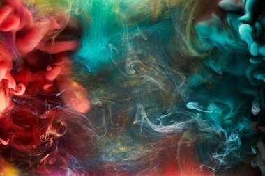 Çok renkli, ışıl ışıl, soyut arka plan, lüks, koyu altın dumanı, su altında akrilik boya patlaması, kozmik dönen mürekkep.