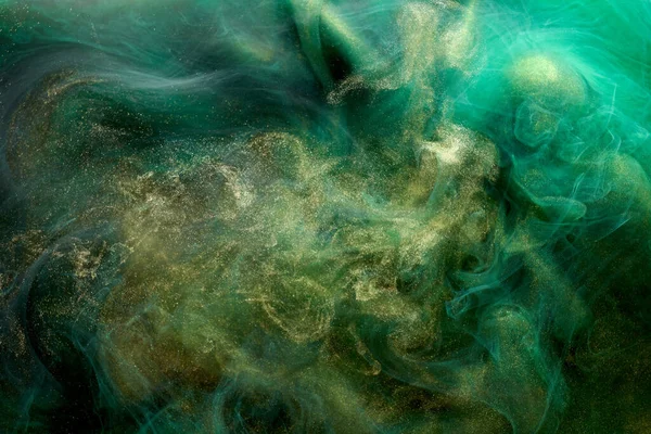 Gyllene Gnistrande Abstrakt Bakgrund Lyx Grön Rök Akrylfärg Undervattensexplosion Kosmisk — Stockfoto