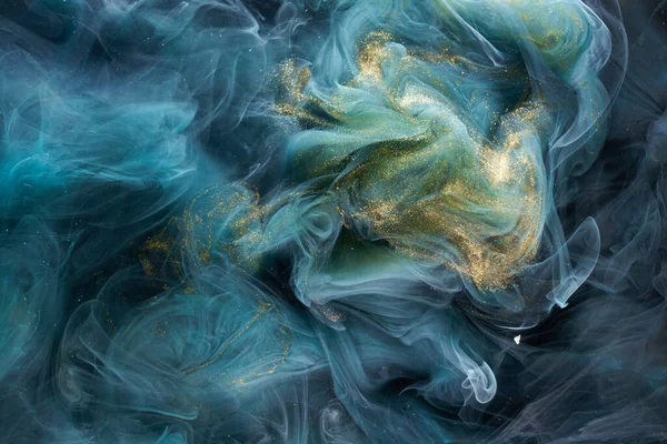 Emerald sparkling abstract background, luxury gold smoke, acrylic paint underwater explosion, cosmic swirling aquamarine ink