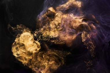 Çok renkli, ışıl ışıl, soyut arka plan, lüks, koyu altın dumanı, su altında akrilik boya patlaması, kozmik dönen mürekkep.