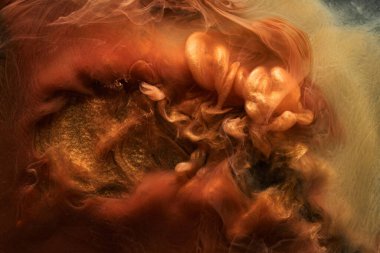 Parlak turuncu arka plan, lüks duman, su altında akrilik boya patlama, kozmik girdap mürekkebi, altın okçu sonbahar