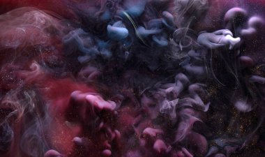 Çok renkli, ışıl ışıl, soyut arka plan, lüks, koyu altın dumanı, su altında akrilik boya patlaması, kozmik dönen mürekkep.