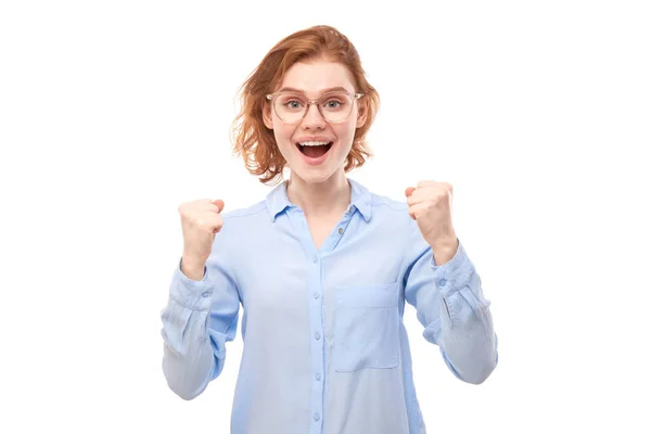 Portrait Positive Redhead Girl Business Shirt Emotionally Rejoices Feels Happy — Stock Photo, Image