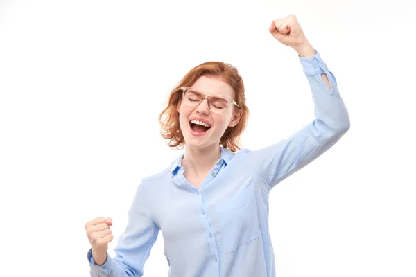 Portrait Positive Redhead Girl Business Shirt Emotionally Rejoices Feels Happy — Stock Photo, Image