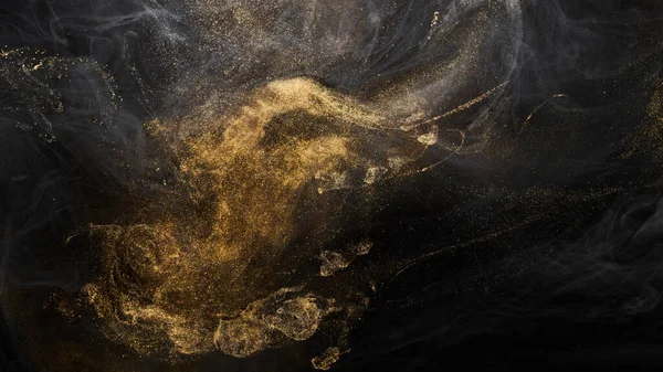 Golden sparkling abstract background, luxury black smoke, acrylic paint underwater explosion, cosmic swirling ink