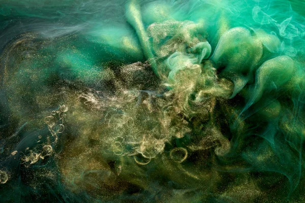 Gouden Sprankelende Abstracte Achtergrond Luxe Groene Rook Acrylverf Onderwater Explosie — Stockfoto