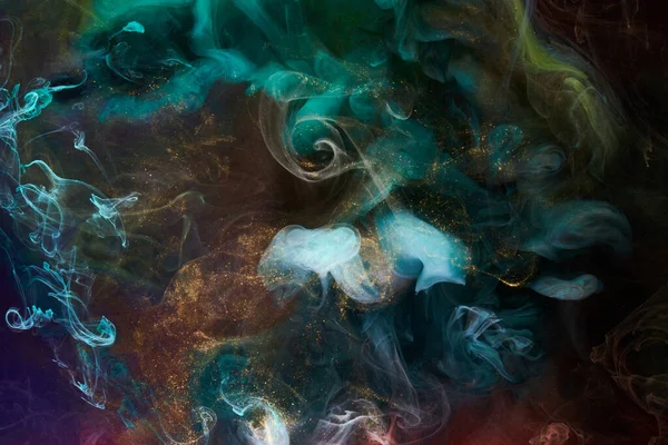 Flerfärgad Gnistrande Abstrakt Bakgrund Lyx Mörkt Guld Rök Akrylfärg Undervattensexplosion — Stockfoto