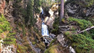 Ormandaki dağ şelalesi. Kuzey Kafkasya 'nın manzarası ve vahşi yaşamı. Rusya 'da seyahat