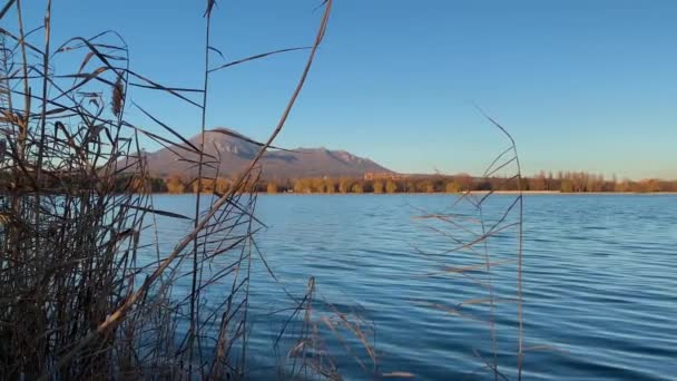 Bonita Vista Del Lago Ciudad Pico Montaña — Vídeo de stock