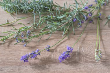 Ahşap arka planda çiçekli lavanta karışımı.