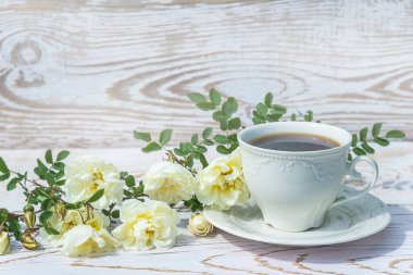Beyaz kahve fincanı ve gül çiçekli dal kırsal beyaz arka planda.