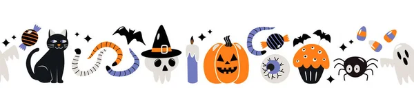 Naadloze Patroonrand Voor Print Web Gelukkig Halloween Met Personages Pictogrammen — Stockvector