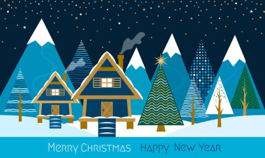 Noel ve Yeni Yıl tebrik kartı. Kış ormanı, şekillendirilmiş Noel ağaçları, kar ve sürüklenme. Xmas ve kış tatili konsepti. vektör çizimi izole edildi