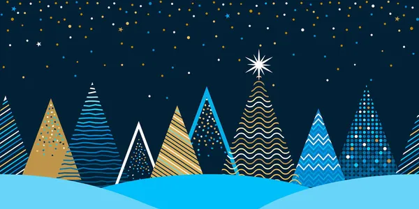 完美的圣诞冬季图案 在森林里用一颗有星星的圣诞树装饰圣诞树 网络和印刷品的节日边界 圣诞节的概念 矢量说明 — 图库矢量图片