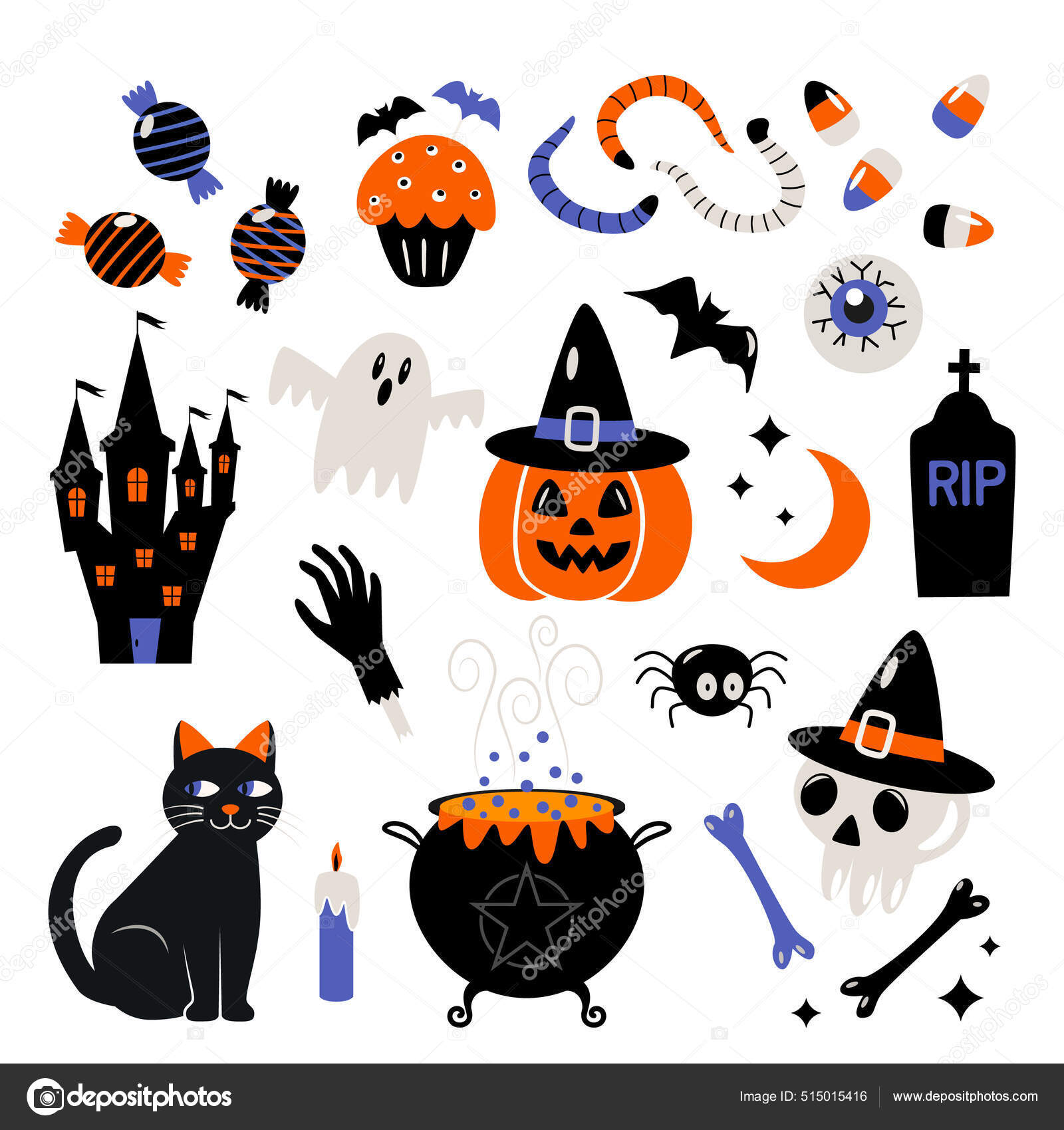Набор Иконок Наклеек Хэллоуин Символы Джек Лампа Череп Котел.