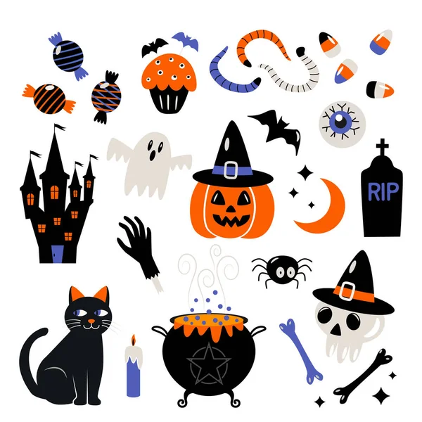 Conjunto Iconos Pegatinas Para Halloween Personajes Jack Lámpara Cráneo Caldero — Vector de stock