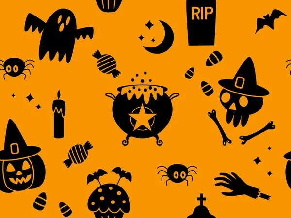 Seamless Pattern Happy Halloween Holiday Symbols Jack Lamp Skull Black — Stock Vector