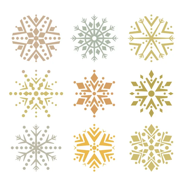 Σύνολο Από Αφηρημένες Γεωμετρικές Νιφάδες Χιονιού Χρυσές Αποχρώσεις Διανυσματική Απεικόνιση — Διανυσματικό Αρχείο
