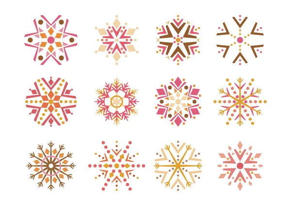 Ensemble Flocons Neige Géométriques Abstraits Dans Des Tons Dorés Illustration — Image vectorielle