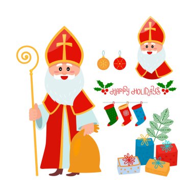 Noel seti hediye dolu bir çanta, bir karşılama yazısı, bir ağaç, Noel baloları, hediyeli kutular, Noel Baba 'nın çorapları. düz vektör çizimi beyaz arkaplanda izole edildi