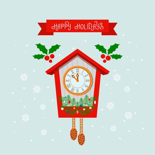 年末年始のグリーティングカード コンセプトはXmas クリスマスツリー ボール 星とガーランドの枝と壁の木製の時計 ベクターイラスト — ストックベクタ