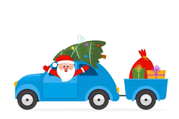 Noel Baba Bir Karavanla Arabaya Biner Bir Noel Ağacı Hediye — Stok Vektör