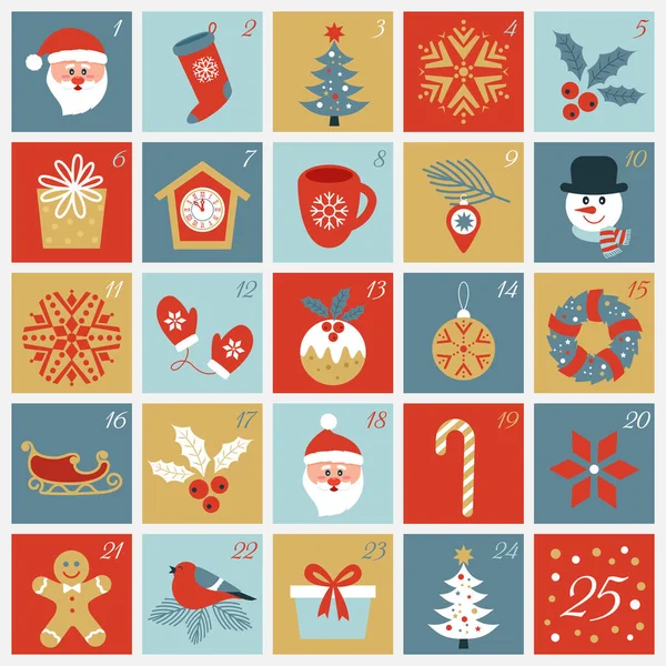 Diciembre Navidad Advenimiento Calendario Tarjeta Invierno Con Navidad Símbolos Año — Vector de stock