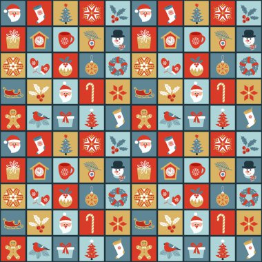 Noel Baba, ağaç, kar taneleri, padcb, cupcake, hediye sembolleriyle kusursuz bir Noel deseni. Xmas ve yeni yıl konsepti. Paket. vektör illüstrasyonu