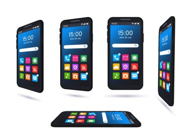 Farklı düğmeleri olan gerçekçi akıllı telefon ekran sayfası düzenleri. Farklı projeksiyonlarda akıllı telefonlar. Parlak akıllı telefon ev ekranı arayüz şablonu. Beyaz arkaplanda vektör illüstrasyonu