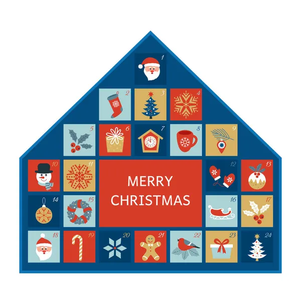 Dezembro Natal Calendário Advento Cartão Inverno Com Xmas Símbolos Ano —  Vetores de Stock