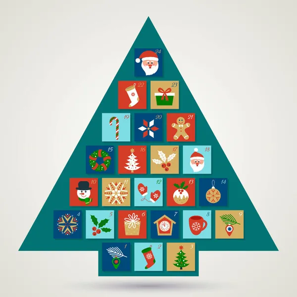 Dezember Adventskalender Winterkarte Mit Weihnachts Und Neujahrssymbolen Weihnachtsmann Baum Zahlen — Stockvektor