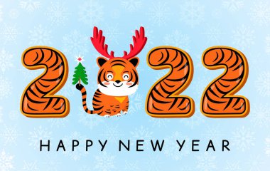 Çizgili şirin bir kaplan yavrusu ve 2022 numara mutlu Çin Yeni Yılı. vektör illüstrasyonu