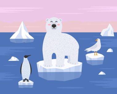 Kutup ayısı, penguen ve martı buz kütlesi üzerinde duruyor. Küresel ısınma ve dünya okyanuslarının plastik kirliliği kavramı. Vektör çizimi. Kuzey Kutbu manzarası