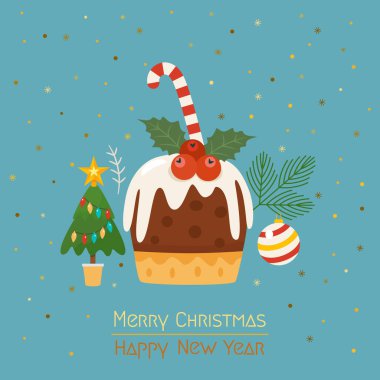 Bayramlarda tebrik kartı. Noel ağacı ve kar taneleri arka planında top olan lolipop pudingi. Tebrik mektupları. Vektör çizimi. konsept Xmas