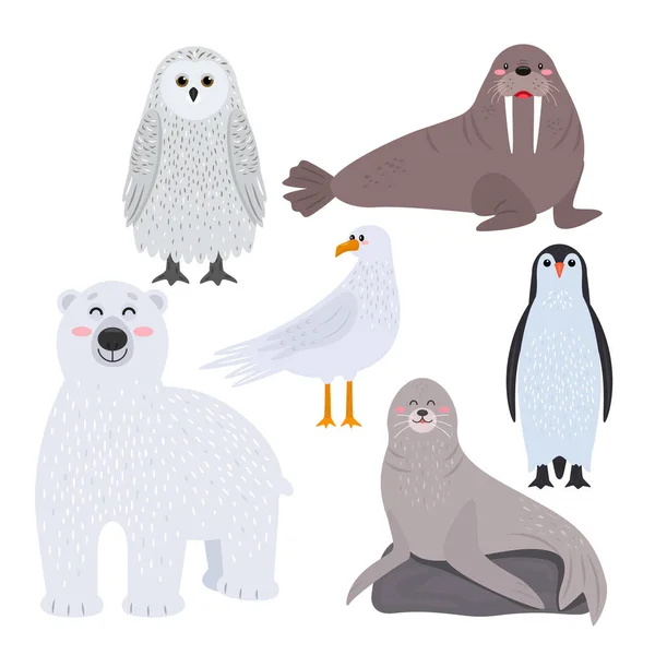 Set Cute Arctic Animals Cartoon Style Snowy Owl Penguin Walrus — Stock Vector