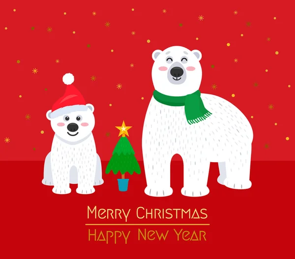 Grußkarte Frohe Weihnachten Eisbärenmutter Mit Ihrem Als Weihnachtsmann Verkleideten Bärenjungen — Stockvektor