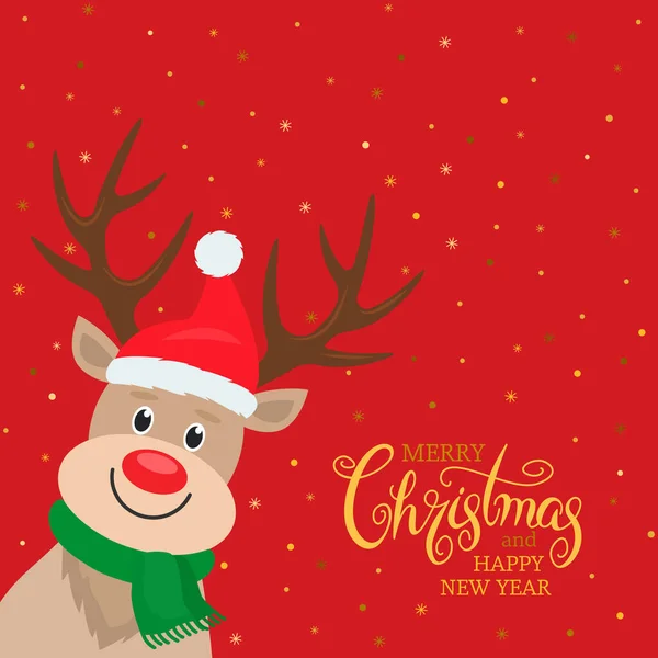 Cute Deer Santa Claus Hat Smiling Background Golden Snowflakes Congratulatory — Stock Vector
