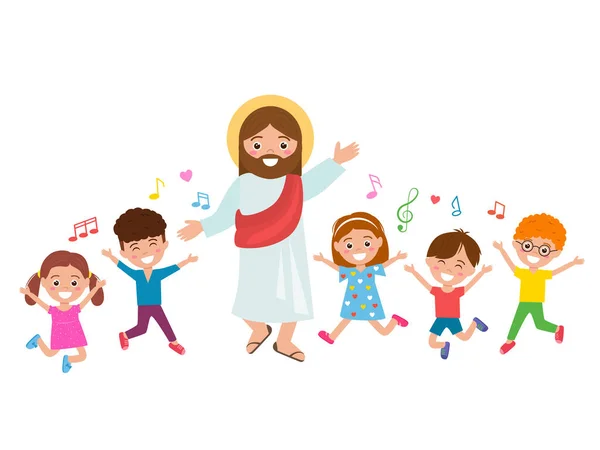 Jesucristo Los Niños Cantan Canciones Regocijan Escuela Dominical Para Niños — Vector de stock