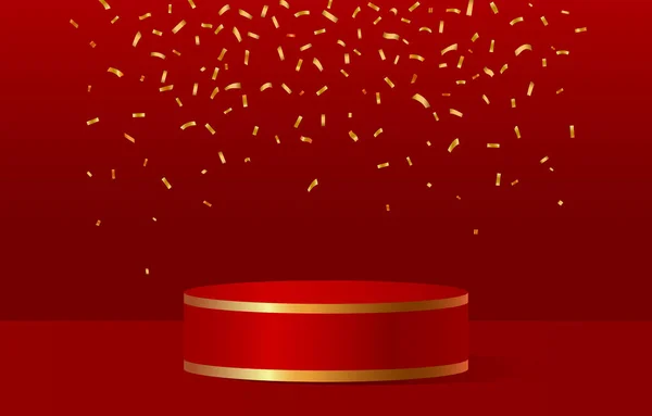 Поздравляем Красную Сцену Пьедестала Почета Падением Золотых Конфет Стримеров Векторная — стоковый вектор