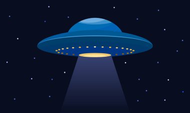 Gece yıldızlı gökyüzünün arka planında UFO 'lu uzaylılarla uçan daire. düz vektör çizimi izole edildi